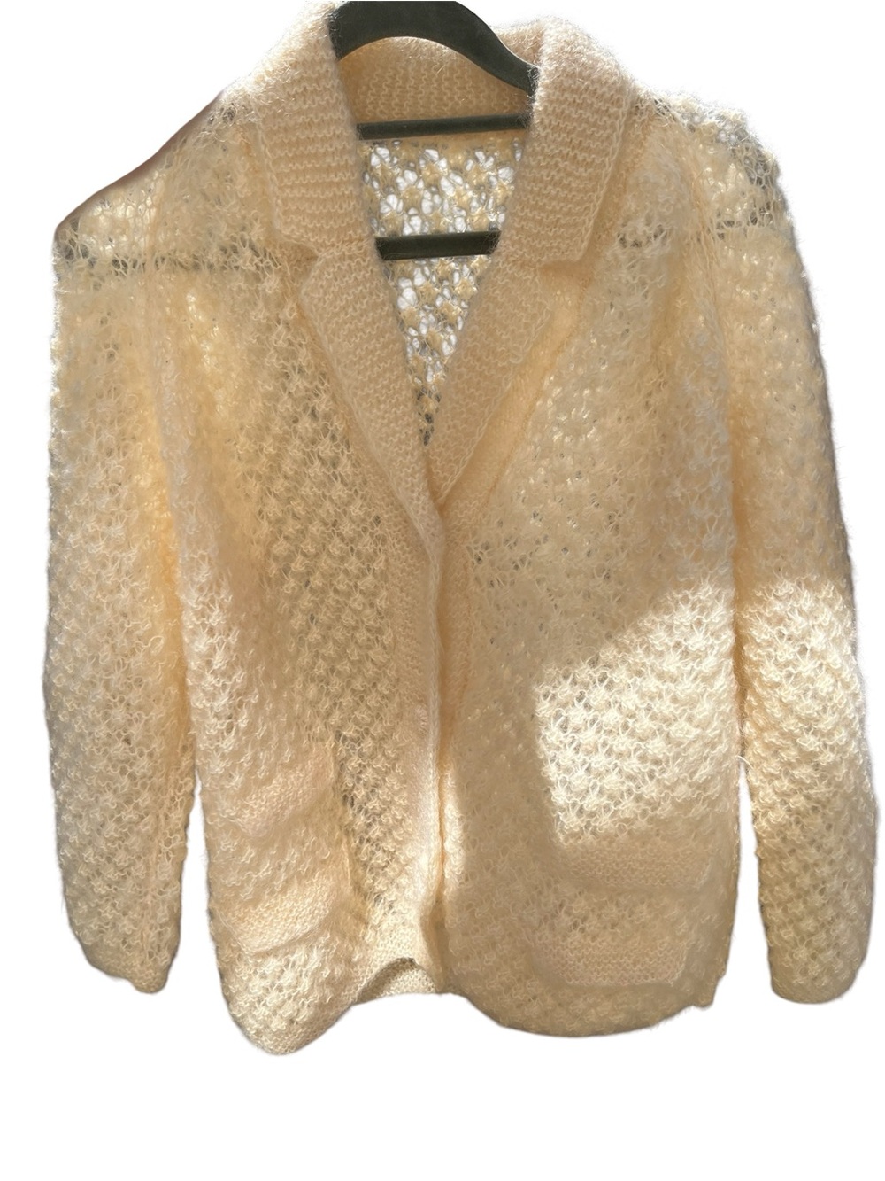 RARE! Vintage 60s Cream Mohair Wool Open-Knit Slouchy Retro Cardigan Sweater L - Picture 12 of 15